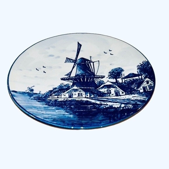 Delft Blue Holland Vintage Porcelain Hand-painted 6 Inch Windmill Seaside Plate - Picture 6 of 12